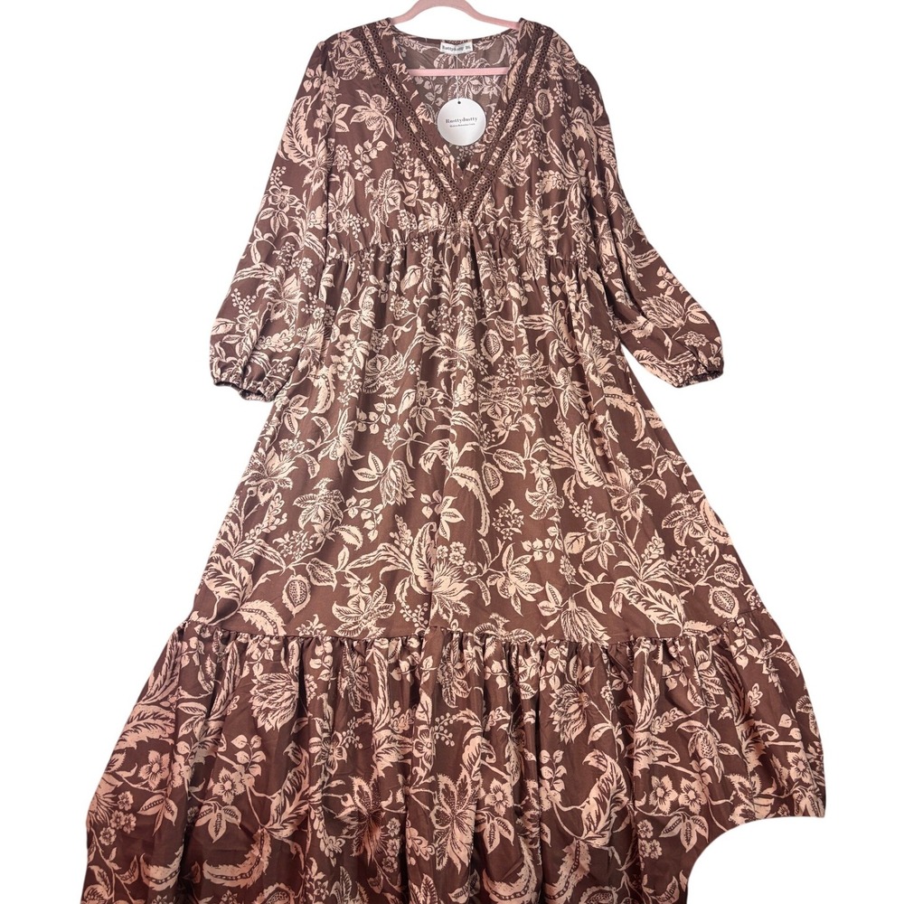 Floral Tiered Maxi Dress in Brown and Cream